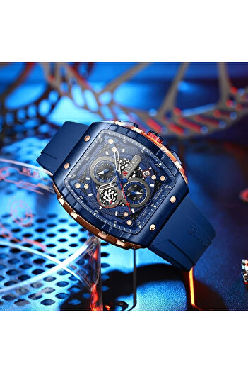 Curren Ceas bărbătesc 8442, Cronograf Sport Quartz, Casual, Curea Silicon Albastru, Design Modern