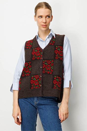 Desen Triko Women's Pıtırcık Floral Patchwork Felt Wool Vest Dark Brown_Dark Red