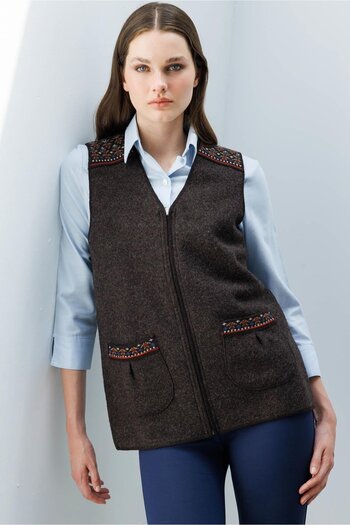 Desen Triko Women's V-Neck Felt Zippered Short Wool Vest Dark Brown