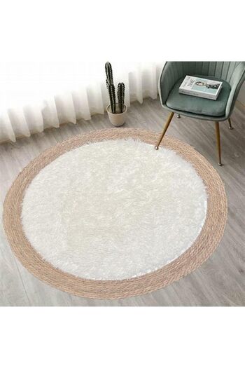 genric FFD White Natural Jute and Plush Area Rug | 100x100cm