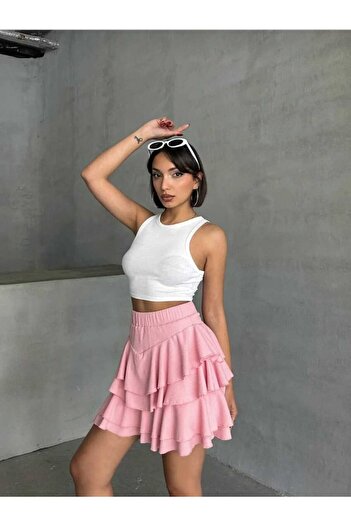 aytenli Ruffled Shorts, Elastic Waist, Three-Layer Ruffle Detailed Mini Wrap Skirt