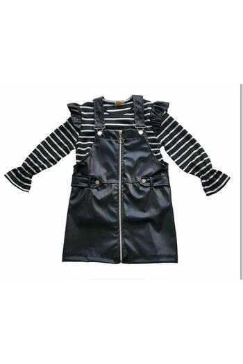 Kamex Girl's Striped T-Shirt Leather Salopet Set of 2
