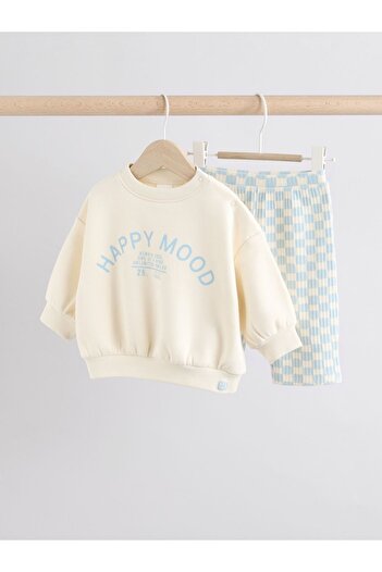 Next Baby Cotton White Blue Printed Long Sleeve Top and Bottom Set