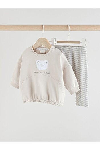 Next Baby Cotton Gray Bear Patterned Long Sleeve Top and Bottom Set