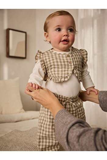 Next Baby Cotton Green Gingham Long Sleeve Vest Top and Bottom 3-Piece Set