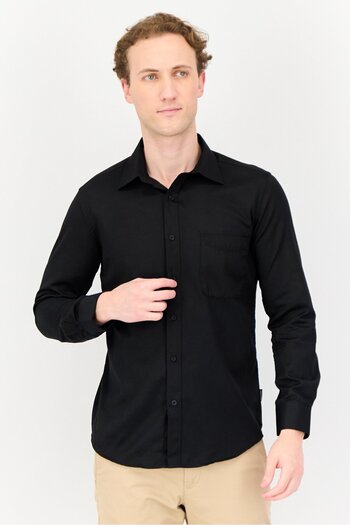 Kenneth Cole Men Slim Fit Long Sleeve Embroidered Logo Casual Shirts, Black
