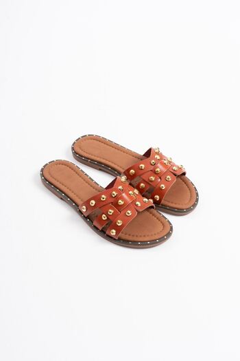 ripuvainen Cozane Women's Gold Detailed Comfortable Genuine Leather Slippers - Tile