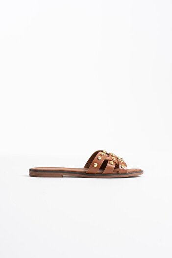 ripuvainen Cozane Women's Gold Detailed Comfortable Genuine Leather Slippers - Tan