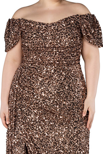 Arden Plus Size Evening Dress, Sequin Sequin Boat Neck, Wedding with Slit, Engagement Junior Evening Dress, Graduation Dress, 42-50