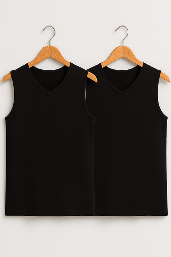 QKK Men's Lycra 100% Cotton Rib 2-Piece V-Neck Sleeveless Body Q2Ik1L1Kk9E.2Li