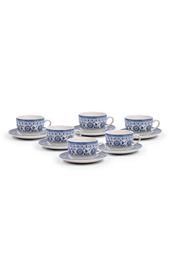 Claytan Plethora Grey-Rim 240 ml Porcelain Coffee Cup & Saucer Set (Grey & Blue, Set Of 6)
