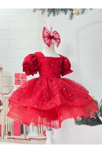 Nissa Red Stone Square Collar Girl's Dress Evening Dress