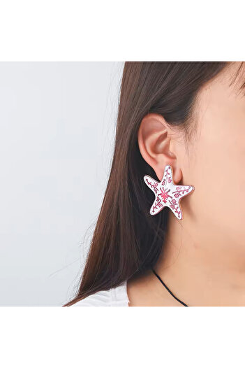 SATIYU BUTİK Pink Patterned Ceramic Look Starfish Earrings