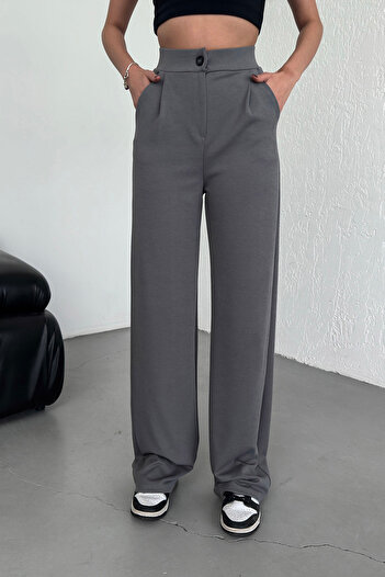 Alos Women's Gray Buttoned Pleated High Waist Lycra Crepe Fabric Comfortable Fit Palazzo Pants
