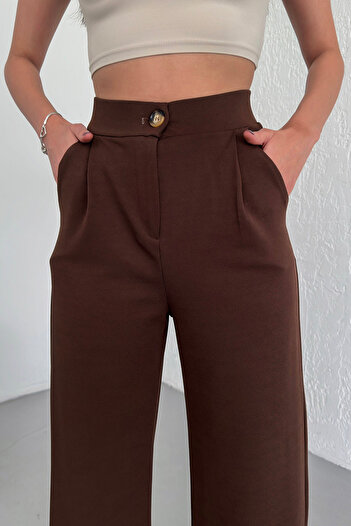 Alos Women's Coffee Button Pleated High Waist Lycra Crepe Fabric Comfortable Fit Palazzo Pants