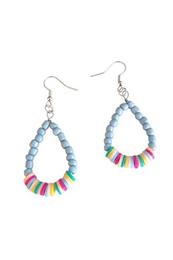 OEM Statement Handmade Earrings - Summer Vibe, Drop Shape with Fimo Beads Multicolor & Toho Light Blue M