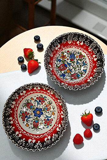 Salizera 2 Pieces 16 cm Diameter Embossed Tile Motif Ceramic Bowl -Hand Made Handmade -