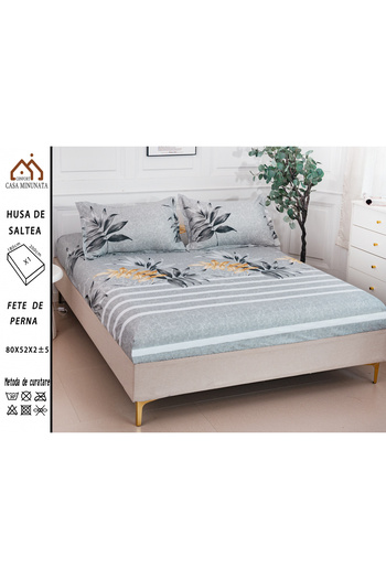 FIONNA.RO Satin Cotton Elastic Pillowcase 180x200cm - Grey Stripes and Leaves