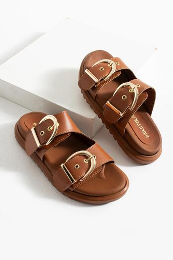 diclepolat Mılana Taba Two Buckle Flat Sole Women's Slippers