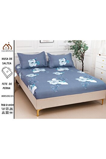 FIONNA.RO Satin Cotton Elastic Pillowcase and Pillowcases 180x200cm - Blue Floral
