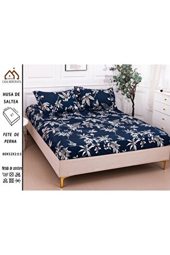 FIONNA.RO Satin Cotton Elastic Pillowcase 180x200cm - Navy Blue Leaves
