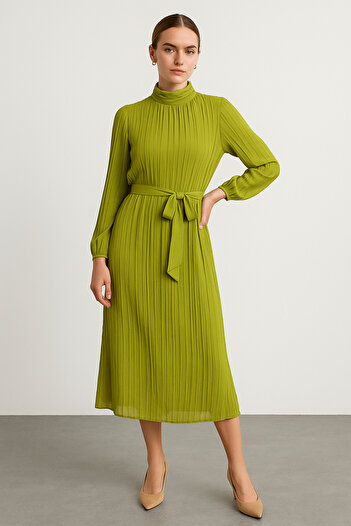 Noi Belis Oil Green Maxi/Long Length Pleated Woven Lined Chiffon Dress Ss25El0051