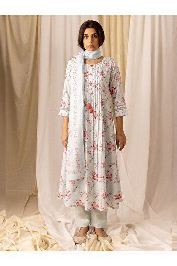 DW By Styli Floral Printed Linen A-Line Kurta with Trousers and Dupatta Set