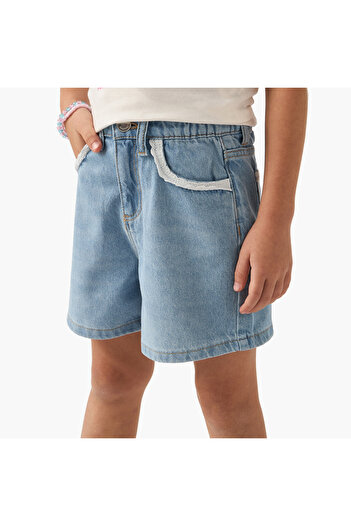 Juniors Solid Denim Shorts with Button Closure and Lace Detail