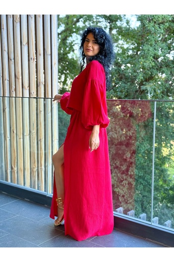 RAMONA BADESCU EXCLUSIVE Muslin Women's Set - Puff Sleeve Blouse and Long Skirt - Red