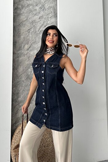 DESTEMODA Women's Denim Tunic Long Buttoned Two Pocket Denim Vest Dark Blue 4506