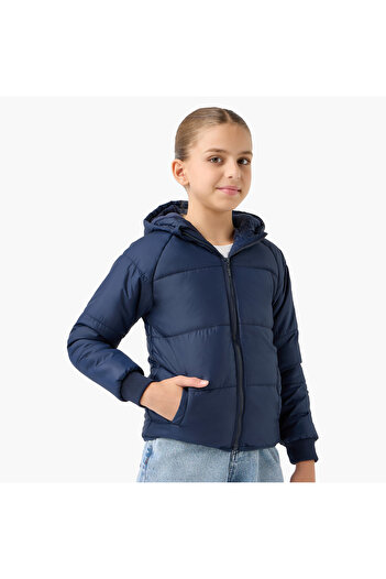 Juniors Quilted Hooded Jacket with Zip Closure