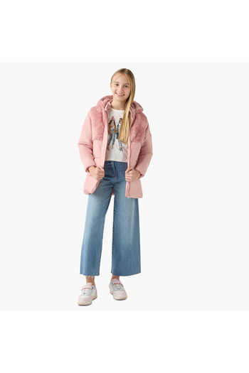Juniors Quilted Jacket with Faux Fur Hood and Pockets