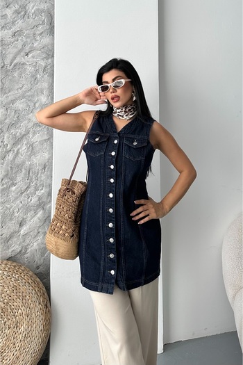 DESTEMODA Women's Denim Tunic Long Buttoned Two Pocket Denim Vest Dark Blue 4506