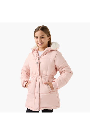 Juniors Solid Heavy Jacket with Faux Fur Hood and Pockets