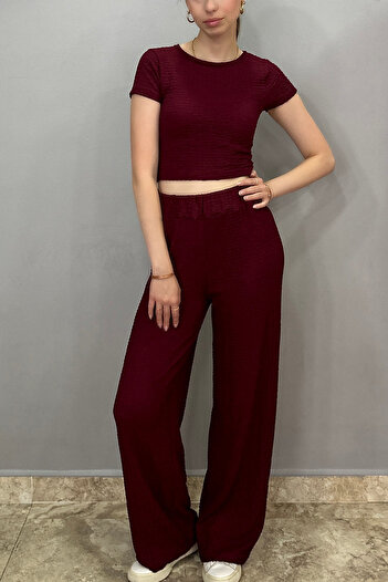 Tam Moda Women's Bubble Fabric Burgundy Pants-Crew Neck Body Set