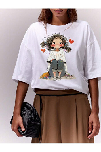 Pink Sky Unisex Cotton White Oversize "Cute Girl" Printed Comfortable Casual T-Shirt