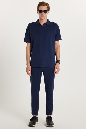 Tudors Men's Standard Fit Regular Fit Polo Neck Cotton Straight Leg Navy Blue Tracksuit Set