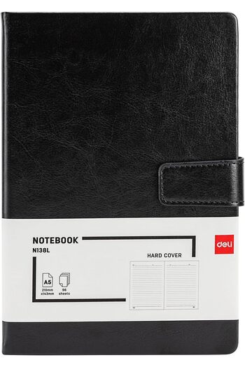Deli 96-Sheets 80GSM Leather Cover Notebook, A5 Size, Black