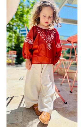 Cigit Sleeve and Front Embroidered Linen Trousers Set 2-7 Years Old Tan