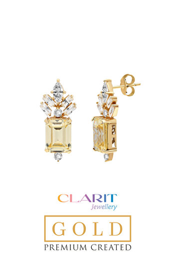 So CHIC... Created Light Yellow Canary Taşlı Zümrüt Kesim 14 Ayar Sarı Altın Küpe