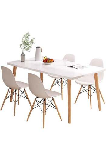 Taimi 5-Piece Dining Set, White Modern Rectangular Table, 120x60x73cm with 4 Elegant White Plastic Chairs