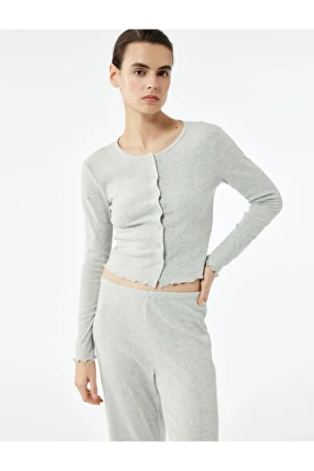 Koton Long Sleeve Button Crew Neck Knitted Textured Pajama Top