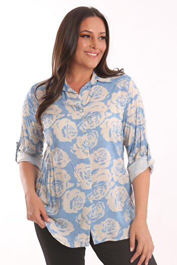 Metpoint Trend42Plus Large Size Blue Rose Patterned Viscose Shirt