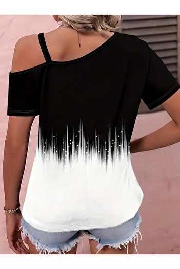 Viyamo New Season Women's One Shoulder Open Strap Detailed Patterned Single Jersey Blouse