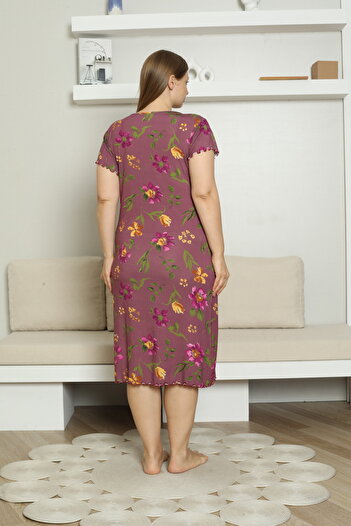 ERDENİZ TEKSTİL Patterned Nightgown Large Size with Lace Detail