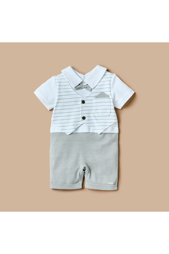 giggles Printed Collared Romper with Bow Detail and Short Sleeves