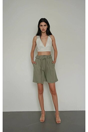 Ecenin Favorileri High Waist Linen Belted Khaki Paperbag Women's Shorts