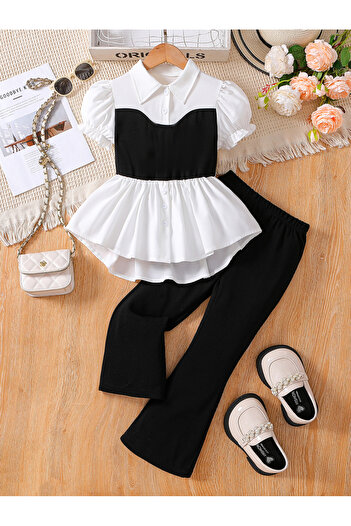 Take Two By Styli Color Block Puff Sleeve Shirt and Flared Pants Set