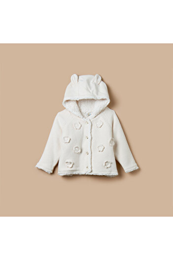 Juniors Floral Embroidered Hooded Cardigan with Long Sleeves and Button Closure