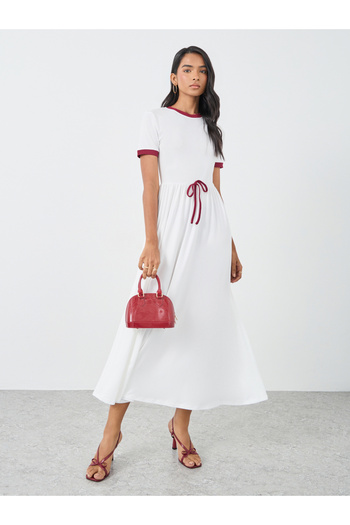 Styli Solid Short Sleeve A-Line Midi Dress with Bow Detail